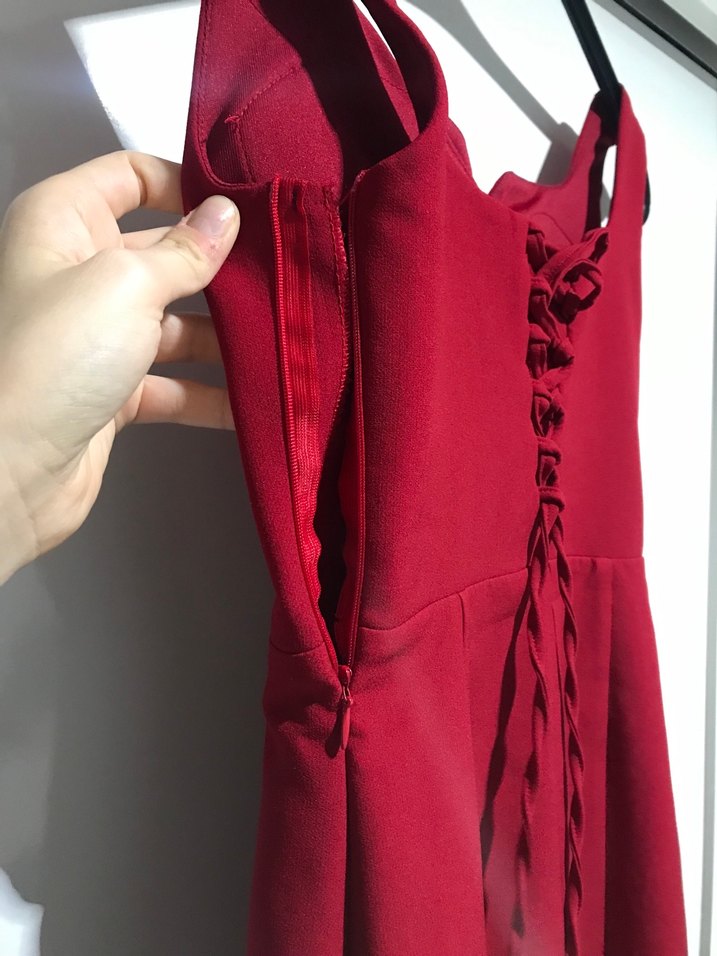 Kırmızı V Yaka Mini Abiye Elbise - Görsel 5