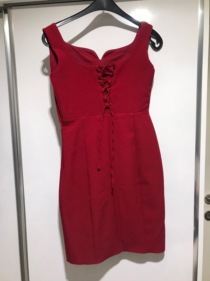 Kırmızı V Yaka Mini Abiye Elbise - Görsel 2