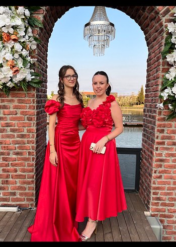 Parlak Kırmızı Drapeli Straplez Abiye Elbise - Görsel 2