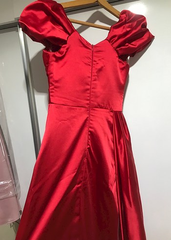 Parlak Kırmızı Drapeli Straplez Abiye Elbise - Görsel 3