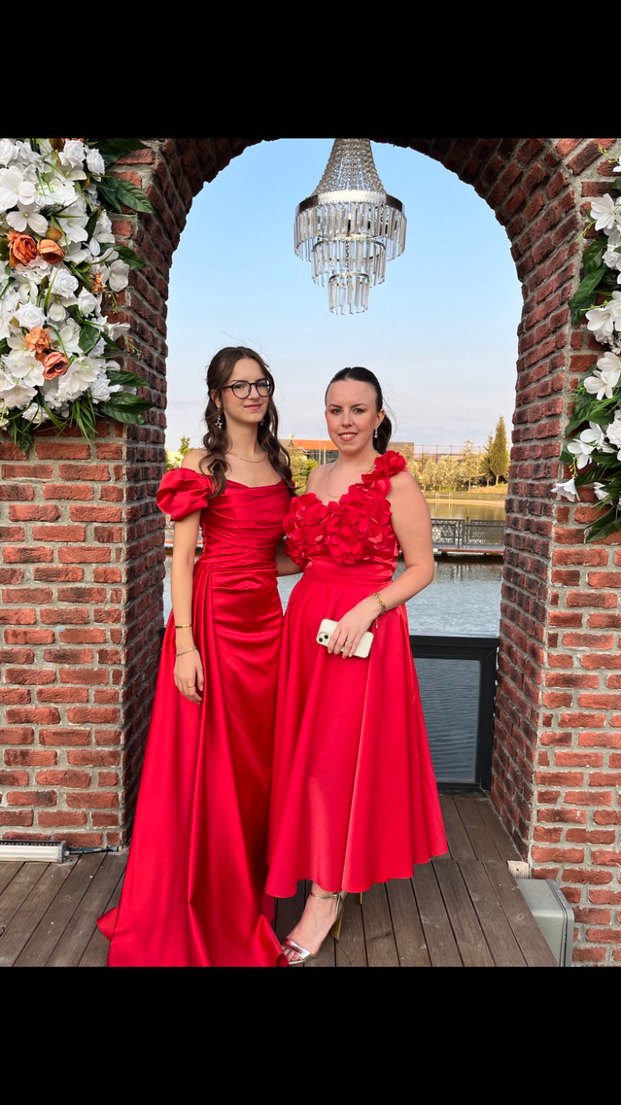 Parlak Kırmızı Drapeli Straplez Abiye Elbise - Görsel 2