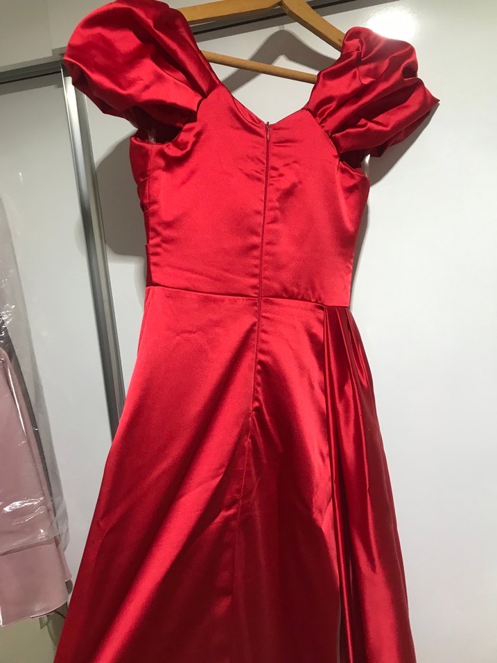 Parlak Kırmızı Drapeli Straplez Abiye Elbise - Görsel 3
