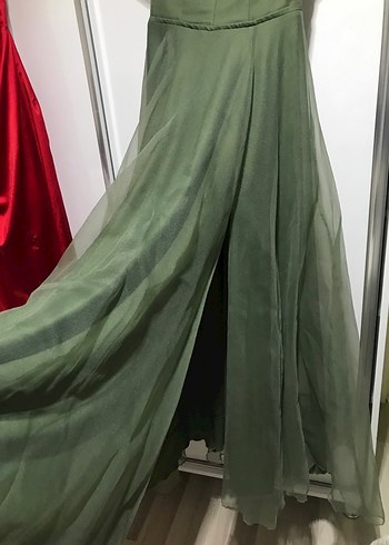 Fırfırlı Straplez Uzun Yeşil Abiye Elbise - Görsel 3