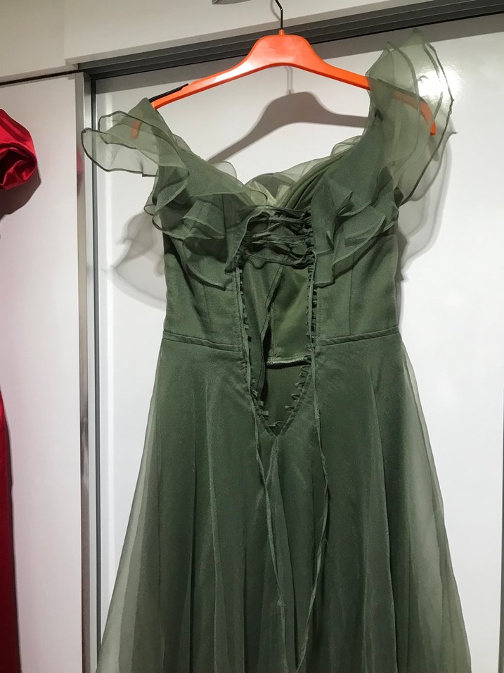 Fırfırlı Straplez Uzun Yeşil Abiye Elbise - Görsel 4