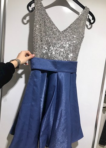 Mavi Parlak Mini Abiye Elbise - Görsel 3