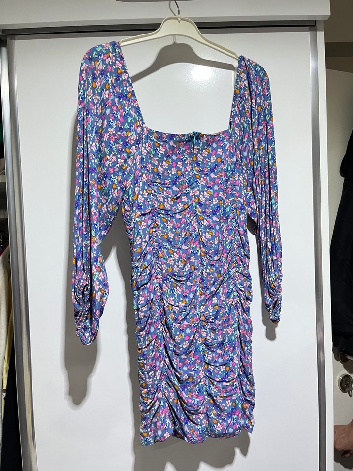 Uzun Kollu, Drapeli Renkli Mini Elbise - Görsel 2