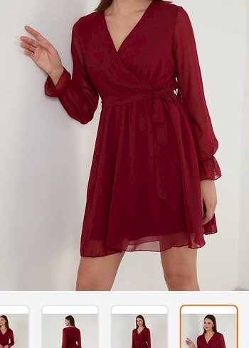 Bordo Midi V Yaka Uzun Kollu Elbise - Görsel 3