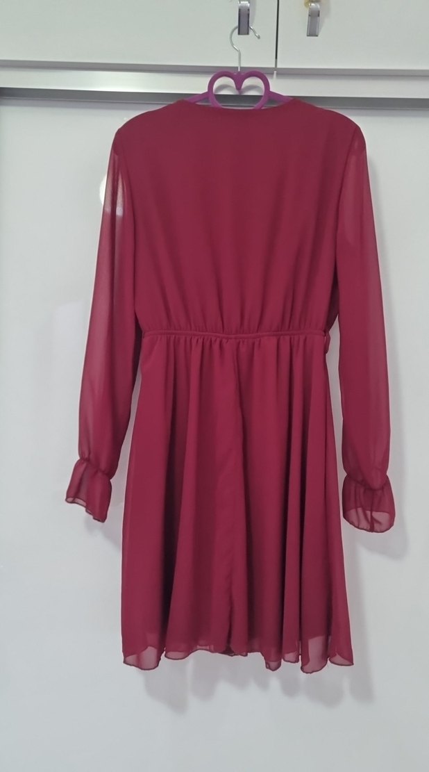 Bordo Midi V Yaka Uzun Kollu Elbise - Görsel 2