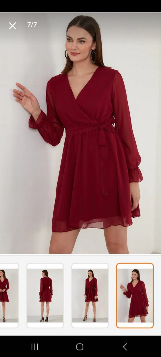 Bordo Midi V Yaka Uzun Kollu Elbise - Görsel 3