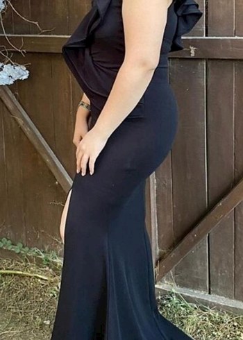 Siyah Drapeli Uzun V Yaka Kadın Abiye Elbise - Görsel 2