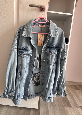 Gri Bağlama Desenli Düğmeli Kadın Denim Ceket