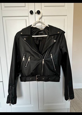 Siyah Kemerli Mini Deri Biker Ceket - Görsel 3