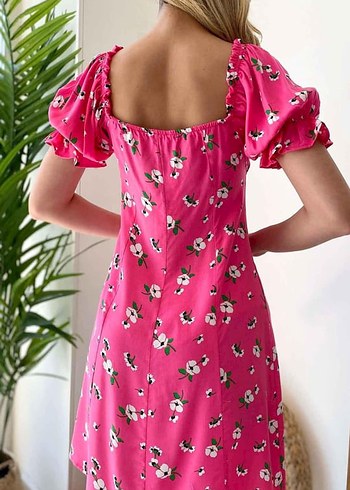 Pembe Çiçekli Midi Bohem Elbise - Görsel 9