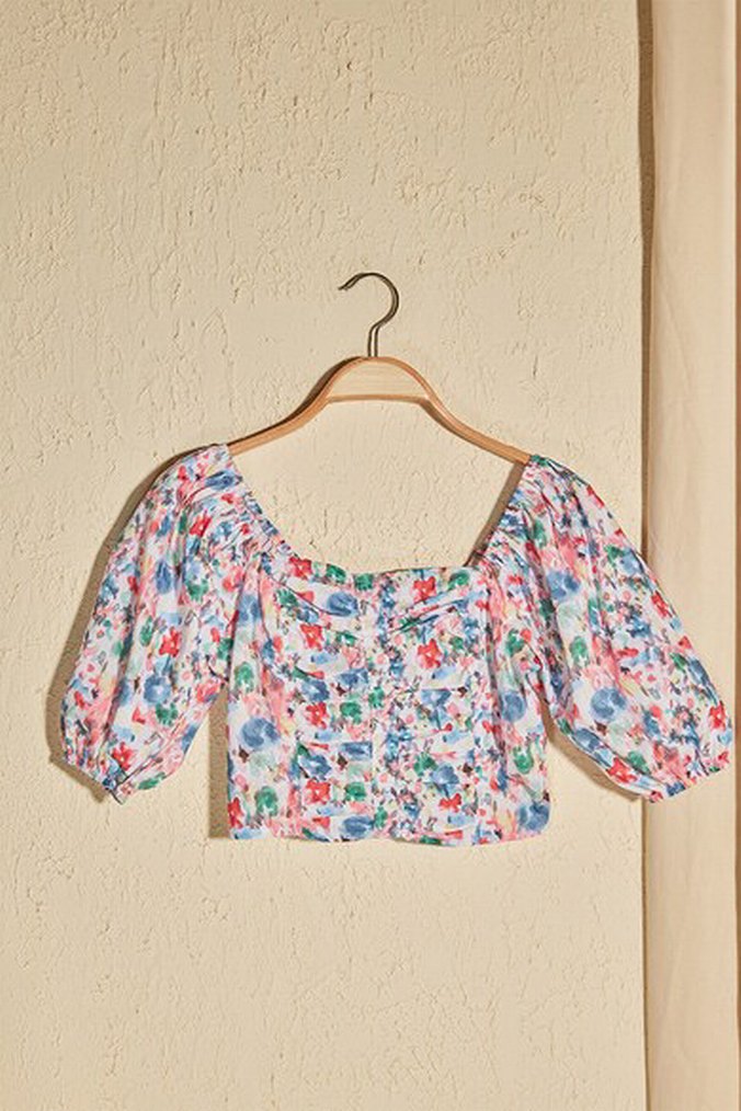 Bohem Renkli Bağlama Desenli Mini Bluz - Görsel 2