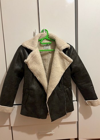 Kadın Koyu Haki İçi Kürklü Deri Ceket kaban - Görsel 2