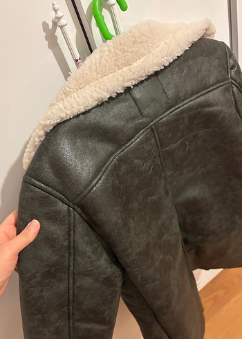 Kadın Koyu Haki İçi Kürklü Deri Ceket kaban - Görsel 6