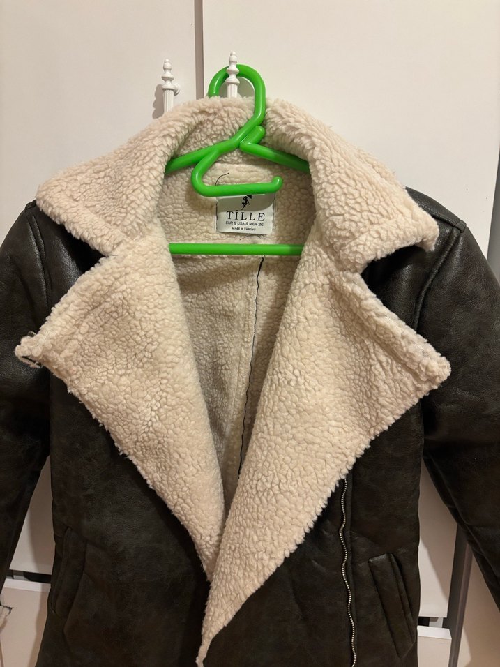 Kadın Koyu Haki İçi Kürklü Deri Ceket kaban - Görsel 3