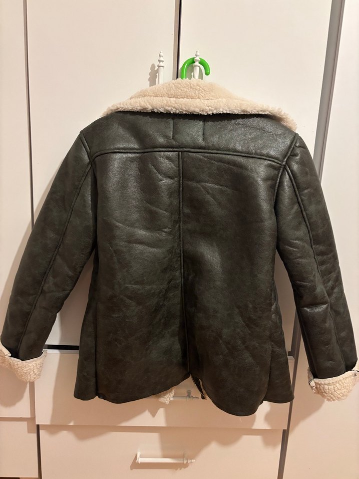 Kadın Koyu Haki İçi Kürklü Deri Ceket kaban - Görsel 5