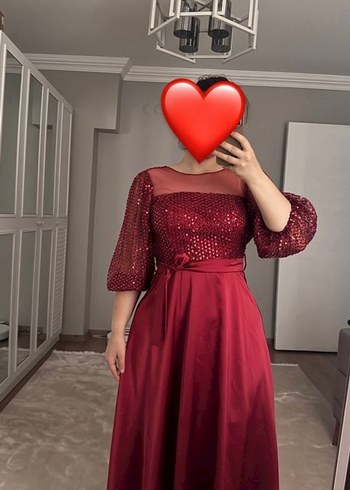 m Beden bordo Renk Bordo Uzun Kollu Drapeli Abiye Elbise