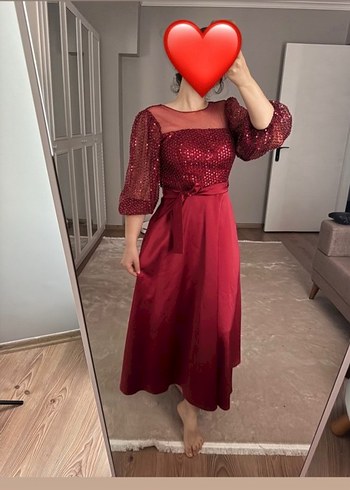 Alfabeta Bordo Uzun Kollu Drapeli Abiye Elbise