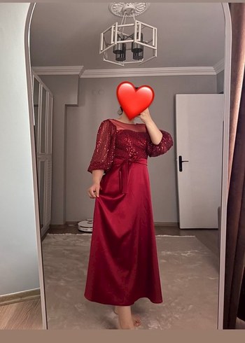 Bordo Uzun Kollu Drapeli Abiye Elbise