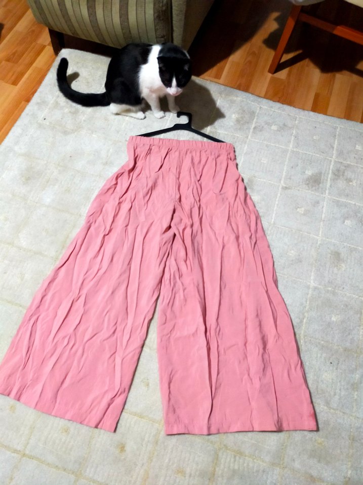 Pembe Pilili Bol Kesim Keten Kadın Pantolon - Görsel 4