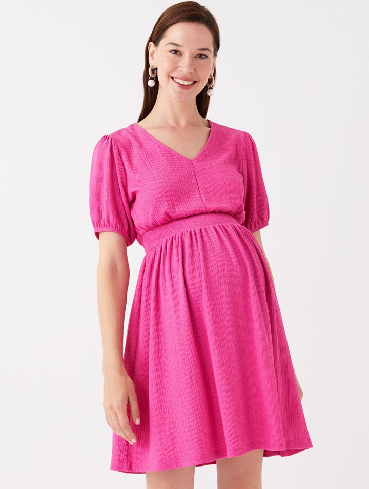 Pembe V yaka kısa kollu hamile elbisesi - Görsel 2