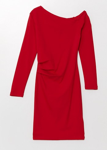 Kayık yaka kırmızı mini şık elbise - Görsel 5