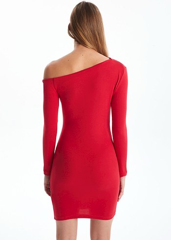 Kayık yaka kırmızı mini şık elbise - Görsel 4
