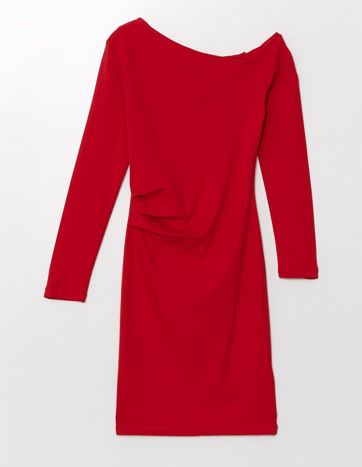 Kayık yaka kırmızı mini şık elbise - Görsel 5