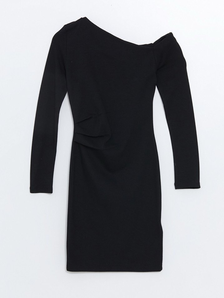 Kayık yaka siyah mini şık elbise - Görsel 5