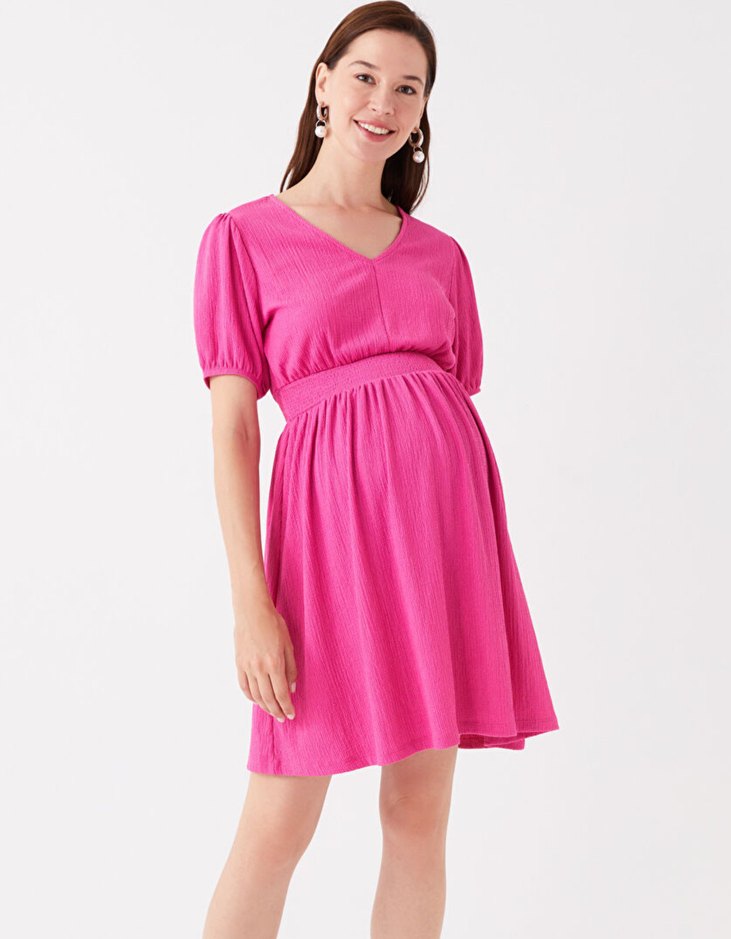 Pembe V yaka kısa kollu hamile elbisesi - Görsel 3