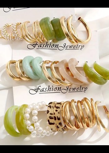 Accessorize Gold-yeşil leopar 5 çift küpe seti
