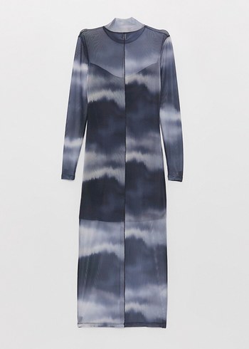 Batik desenli dik yaka vücudu saran uzun elbise - Görsel 7