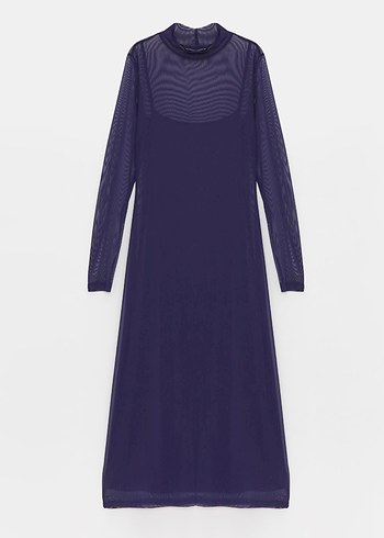 Mor dik yaka vücudu saran uzun kollu astarlı uzun elbise - Görsel 4