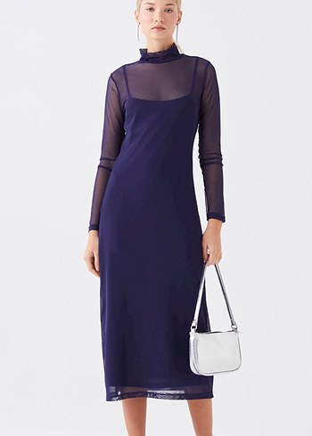 Mor dik yaka vücudu saran uzun kollu astarlı uzun elbise - Görsel 2