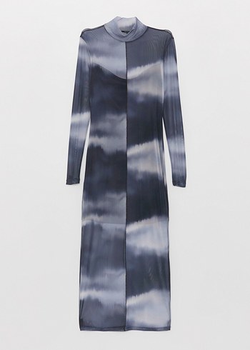 Batik desenli dik yaka vücudu saran uzun elbise - Görsel 6