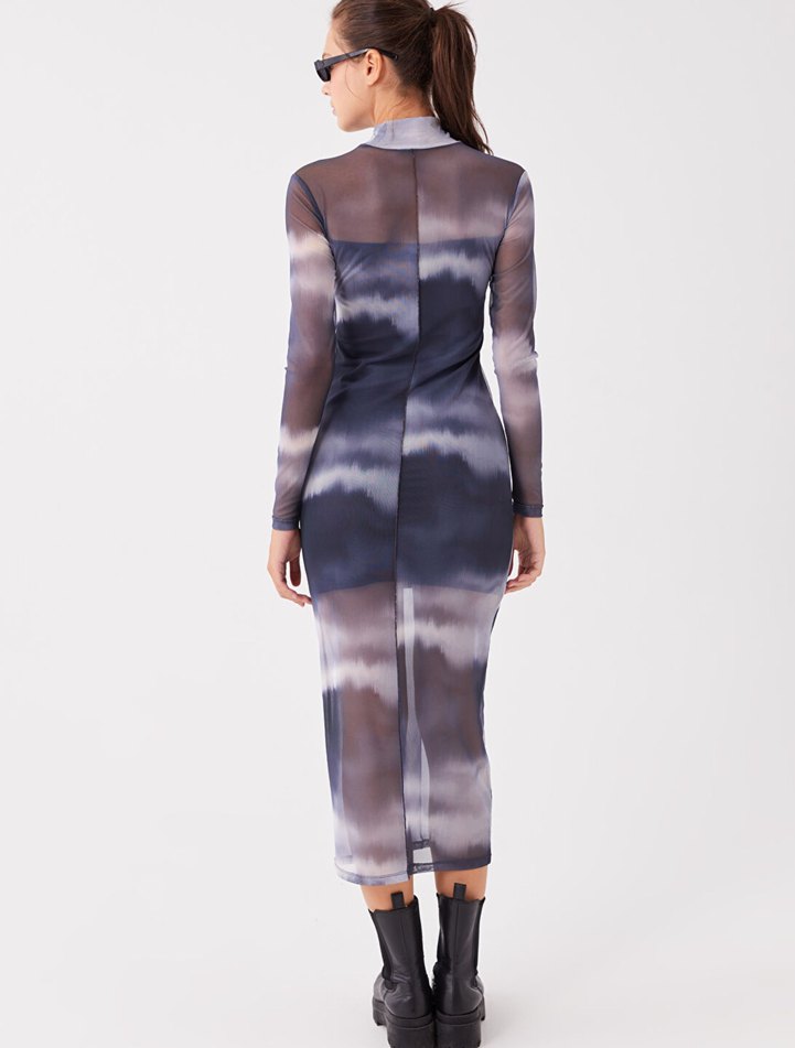 Batik desenli dik yaka vücudu saran uzun elbise - Görsel 5