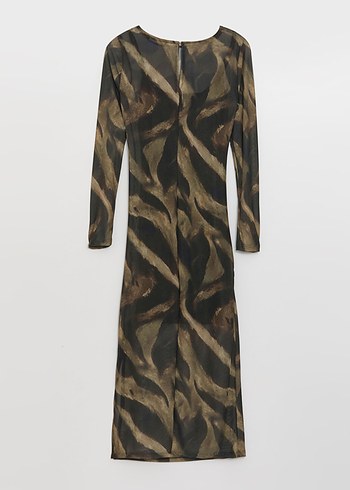 Zebra desenli dik yaka vücudu saran uzun elbise - Görsel 5
