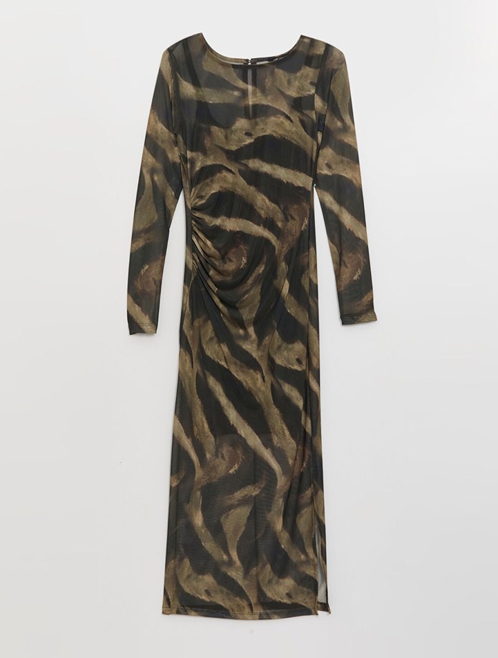 Zebra desenli dik yaka vücudu saran uzun elbise - Görsel 4