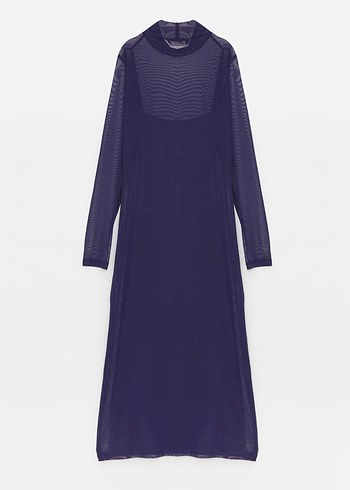 Mor dik yaka vücudu saran uzun kollu astarlı uzun elbise - Görsel 5