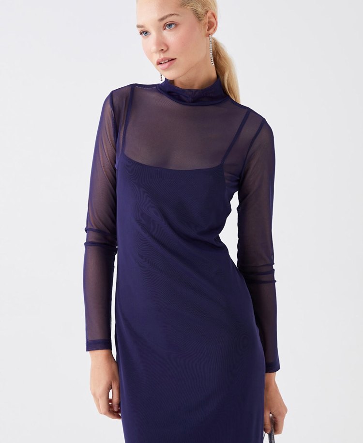 Mor dik yaka vücudu saran uzun kollu astarlı uzun elbise - Görsel 2