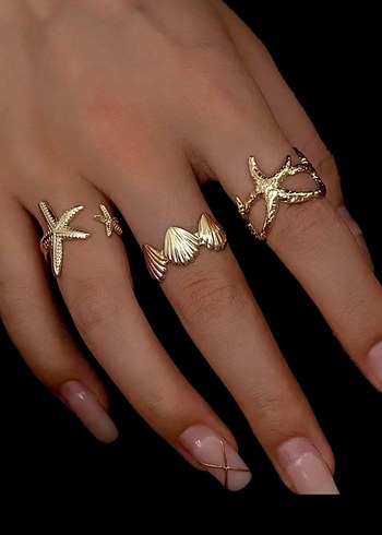 3lü Deniz yıldızlı ve deniz kabuklu gold pinterest yüzük seti