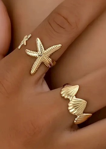 Beden altın Renk 3lü Deniz yıldızlı ve deniz kabuklu gold pinterest yüzük seti