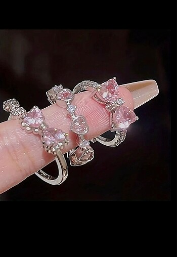 3lü pembe taşlı çelik pinterest yüzük seti