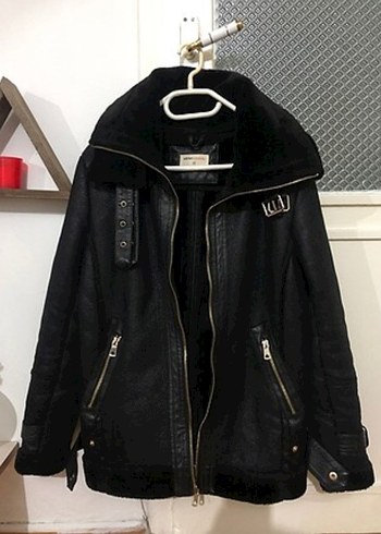 s Beden Siyah Deri Biker Ceket Fermuarlı