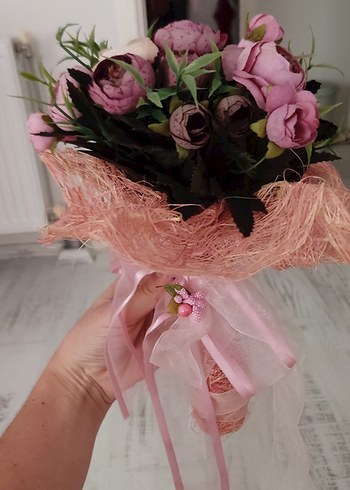  Beden Pembe Dantel Detaylı Bohem Gelin Buketi