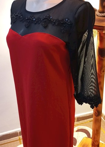 l Beden Dantel Detaylı Kırmızı Gotik Uzun Elbise