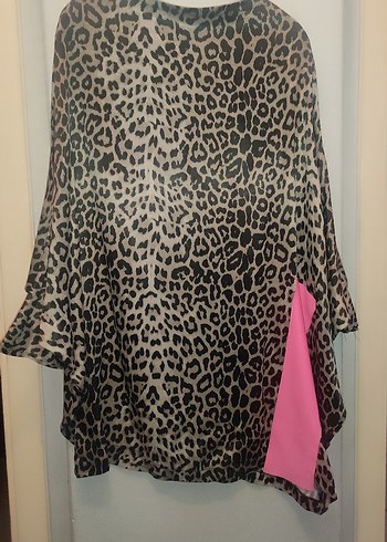 Leopar Desenli Pembe Drapeli yarasa kol tarz tunik