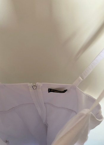 Beyaz Keten Midi Askılı Elbise - Görsel 5